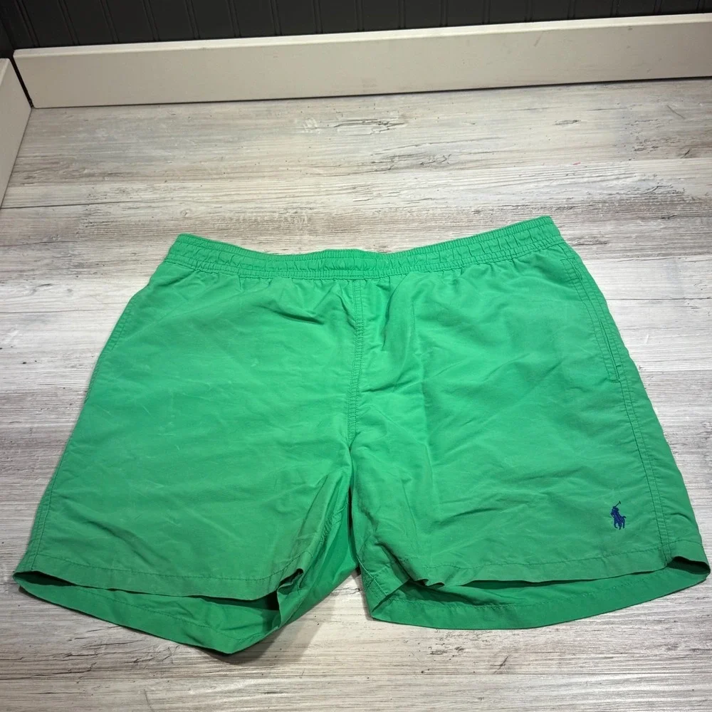 Polo Ralph Lauren Green Swim Trunks Nylon Elastic Tie Waist Vintage Men's Size L