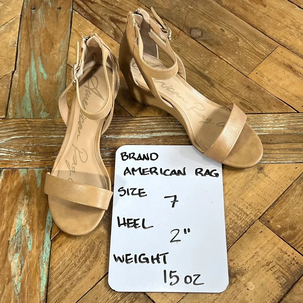 American Rag Women's Wedge Sandals Ankle Strap Zip Back Beige‎ Size 7