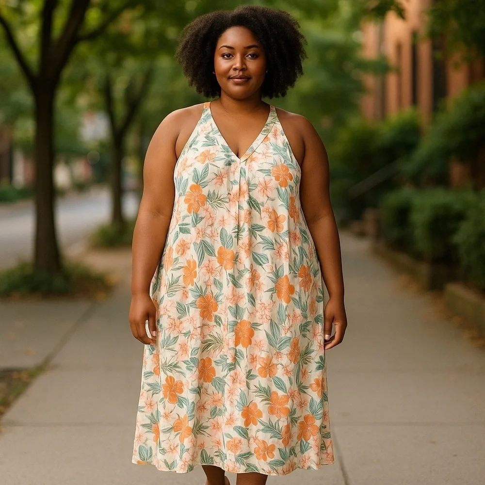 Natural Reflections Women plus XXL Orange Green Floral Halter style maxi dress