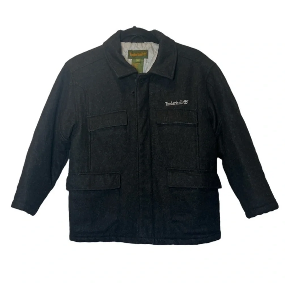Timberland Men Small Black Wool Blend Logo Quilted Liner Collar Full Zip‎ Jacket