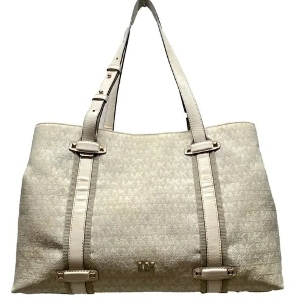 Michael Kors Griffin Large Logo Tote Natural Jacqard Canvas Leather Trim GUC‎
