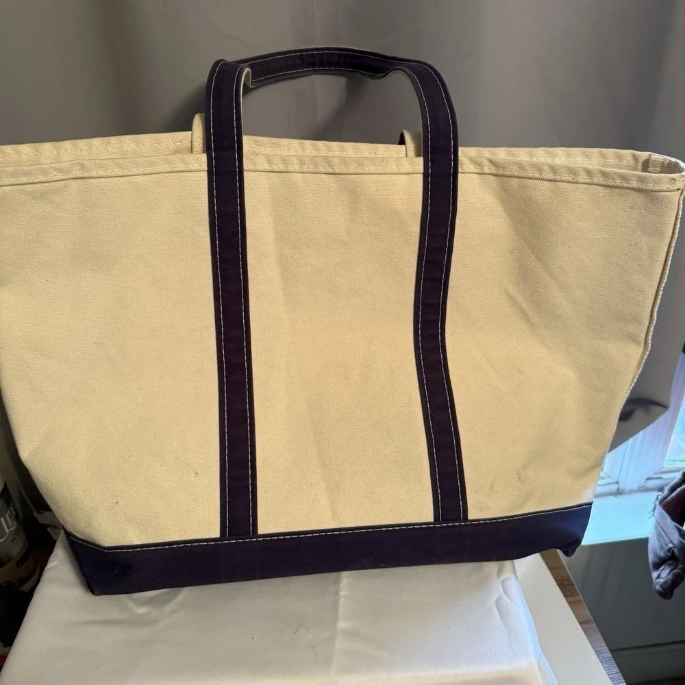 LL Bean Boat Tote Bag USA Canvas Navy Blue Open Top Embroidered Large LDK