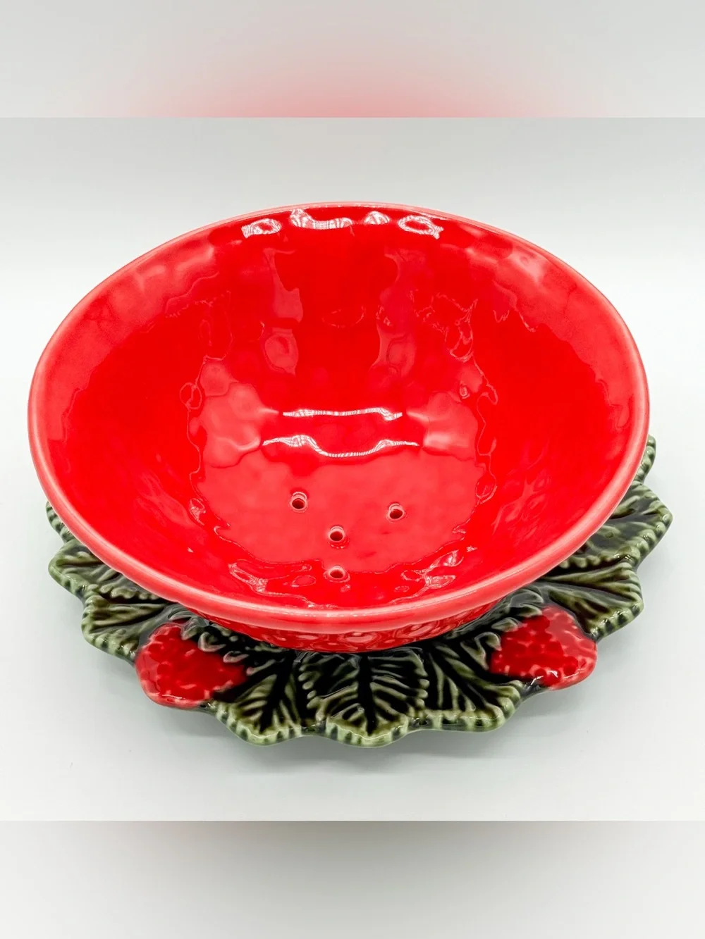 Vintage Sur La Table Portugal Ceramic Strawberry Strainer Bowl & Plate Majolica