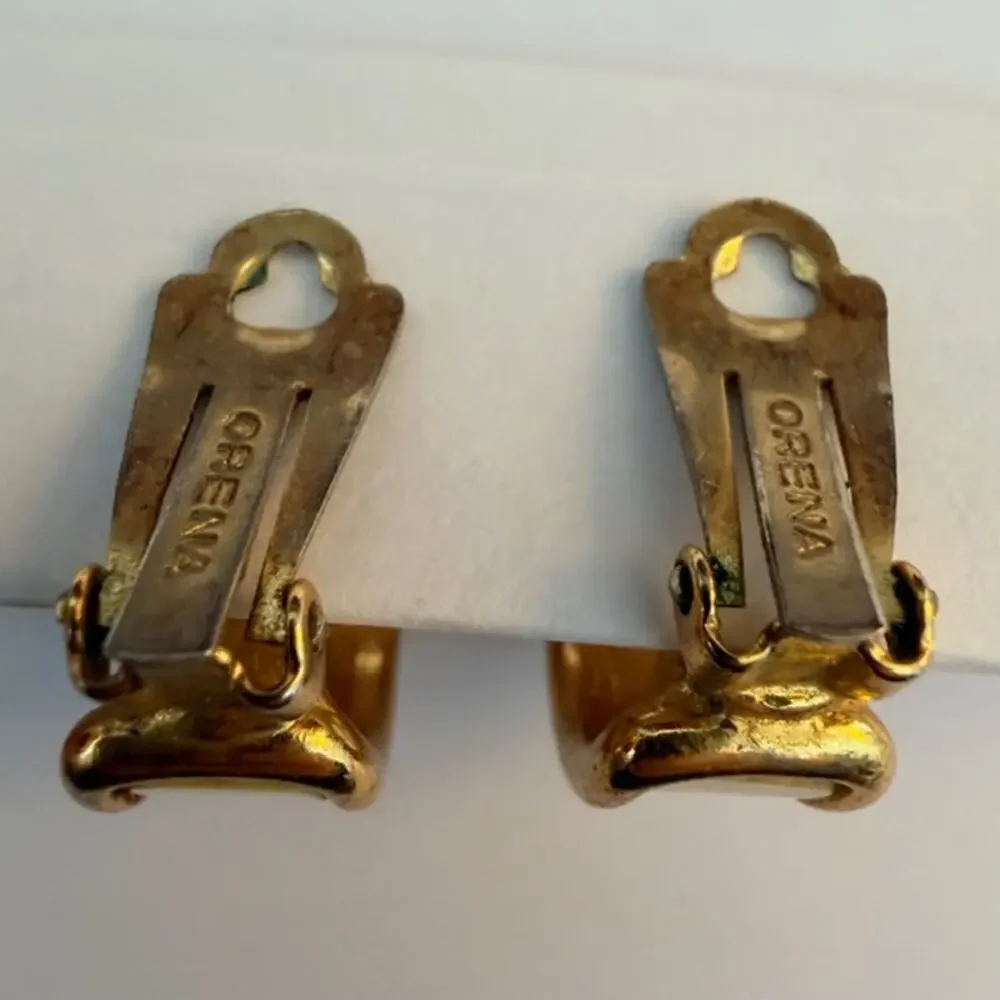 Orena Vintage Clip-On Gold Tone Cream Enamel Polished‎ Half-Hoop Earrings 1970s