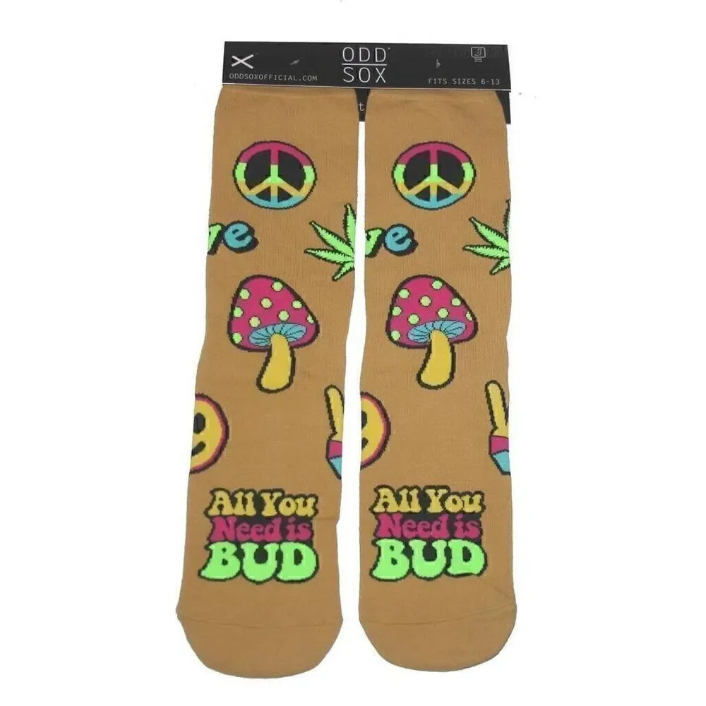 Odd Sox All You Need is BUD LOVE Peace Novelty Crew Socks Fits Sizes 6-13 NWT