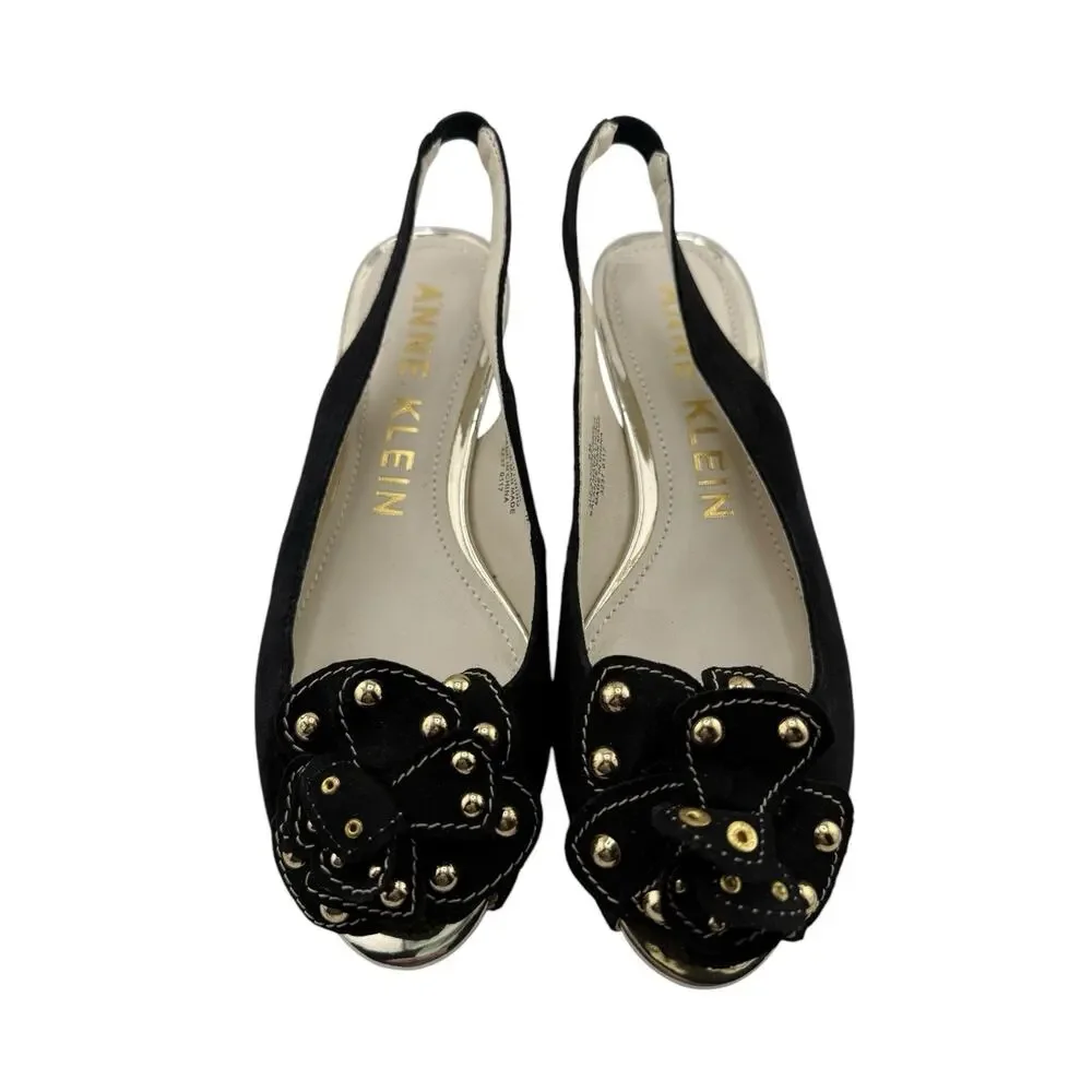 Anne Klein AK Farrah Black Suede Gold Stud Bow Slingback Heels Sz 6 M NWOB