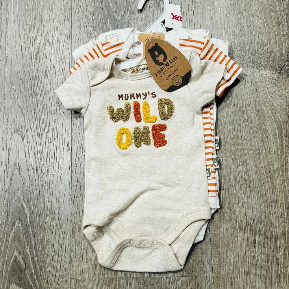 Rabbit + Bear Organic 3 Pack Bodysuits 0-3M Orange White Lion Wild One NWT