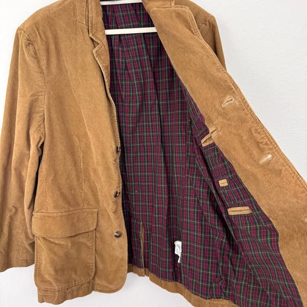 L.L. Bean Mens Corduroy Blazer Jacket Size 44 Reg Tartan Lined Cotton Retro Tan