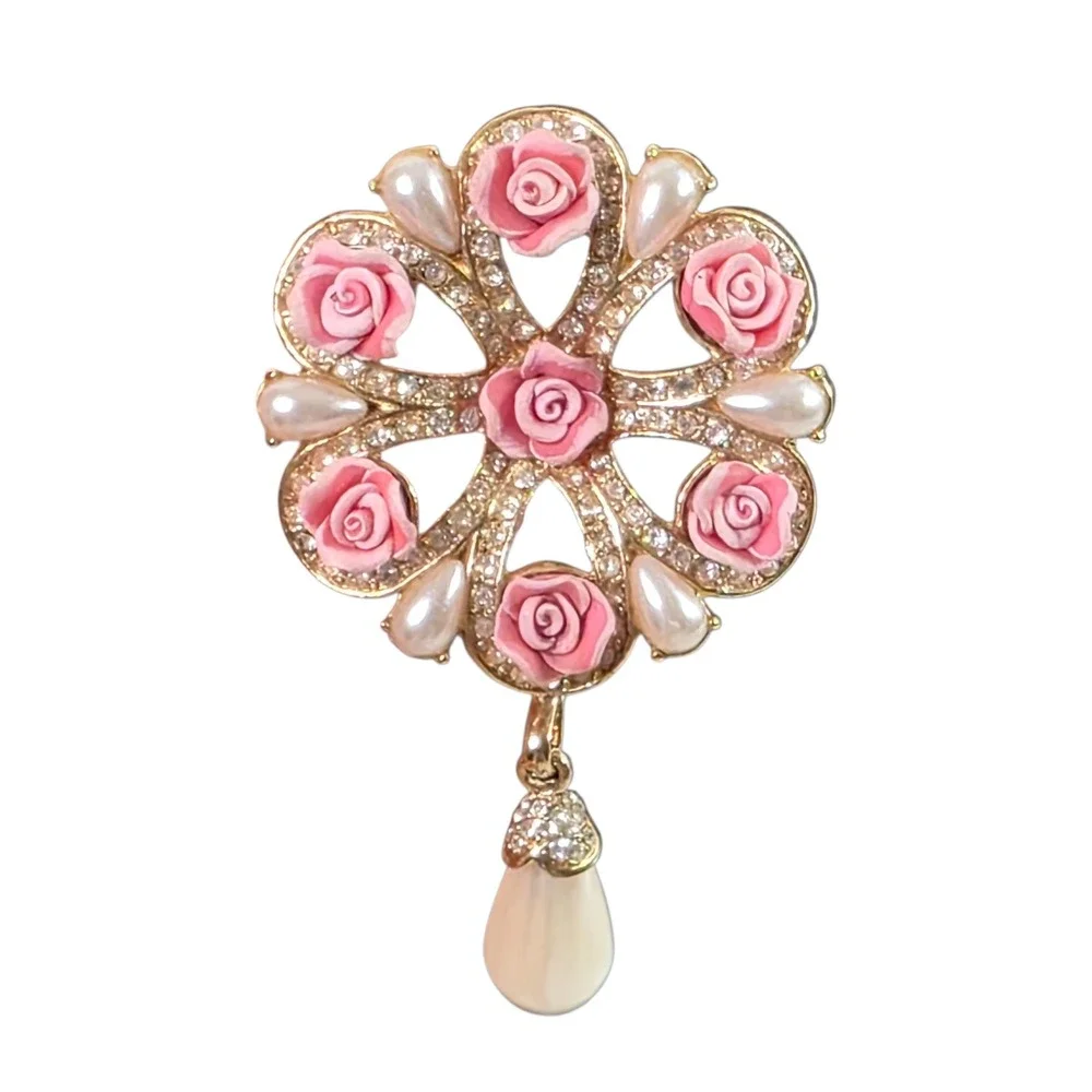 Avon Pink Rose Brooch Faux Pearl Dangle  Gold Tone Rhinestone Pin Cottagecore