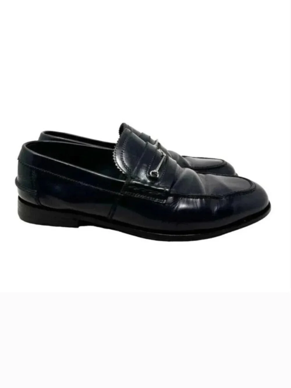 Gucci Mens black smooth leather horsebit loafers shoes size 8.5