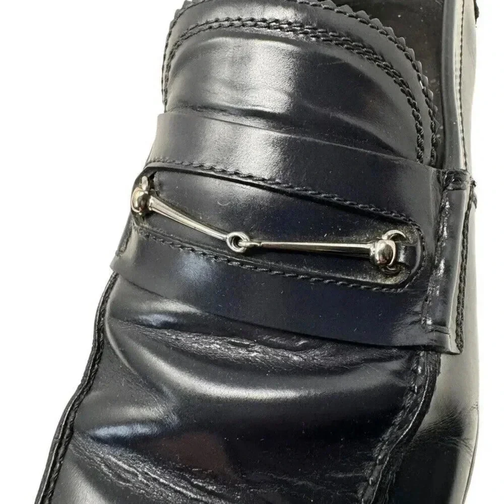 Gucci Mens black smooth leather horsebit loafers shoes size 8.5