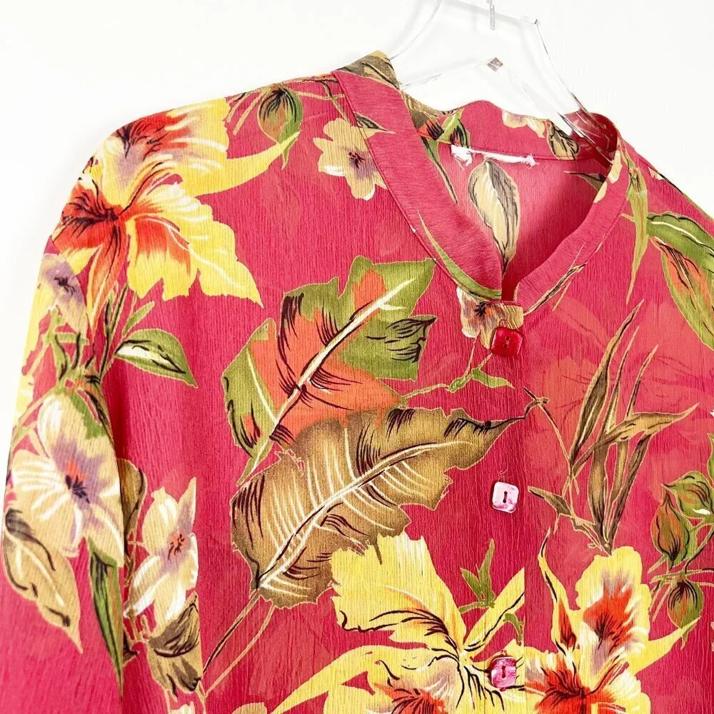 No Brand Cover-Up Button Front Over-Sized Vibrant Floral Print Salmon Yellow OS