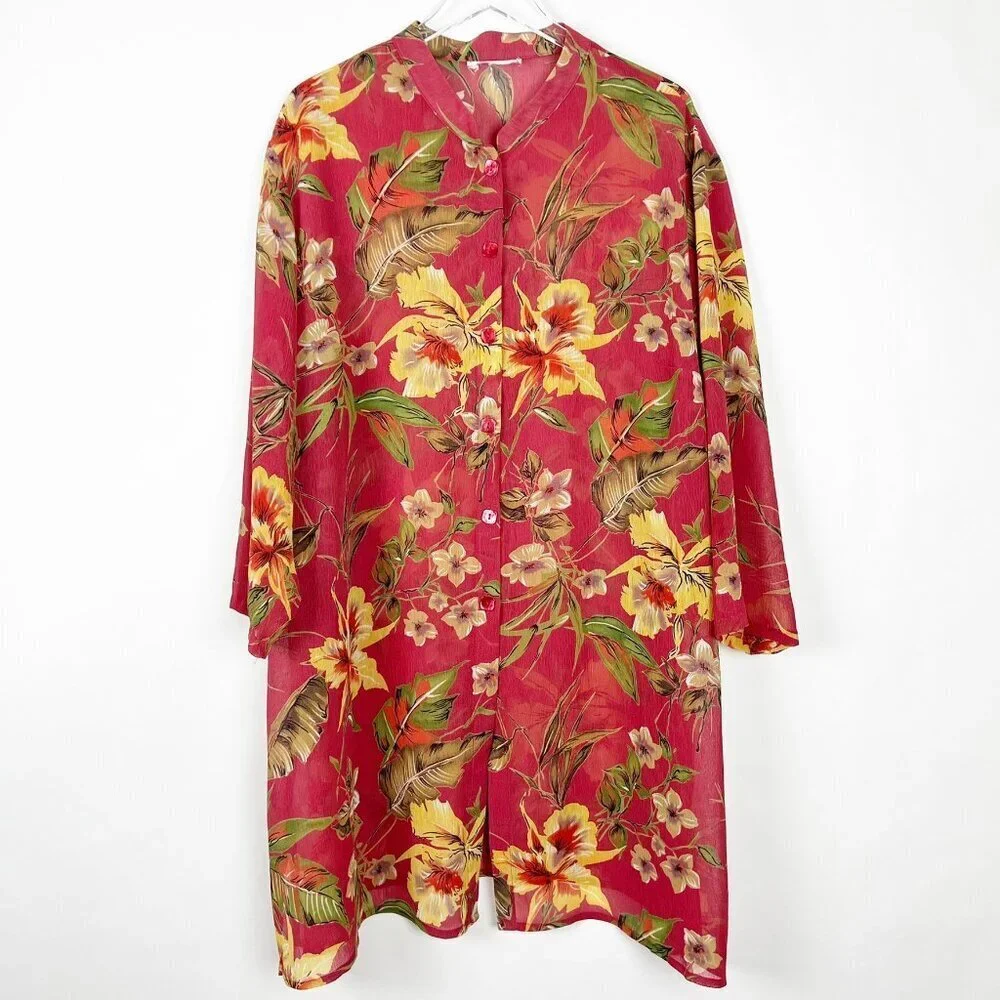 No Brand Cover-Up Button Front Over-Sized Vibrant Floral Print Salmon Yellow OS