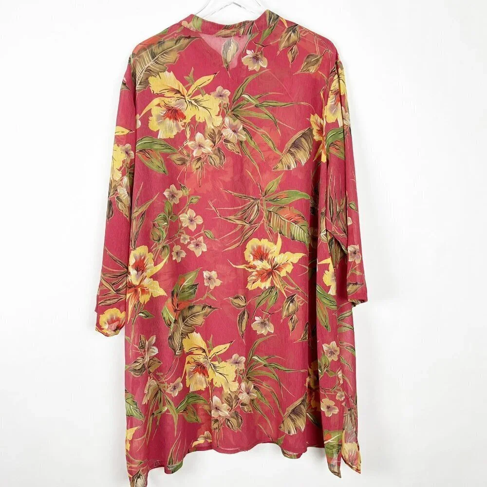 No Brand Cover-Up Button Front Over-Sized Vibrant Floral Print Salmon Yellow OS