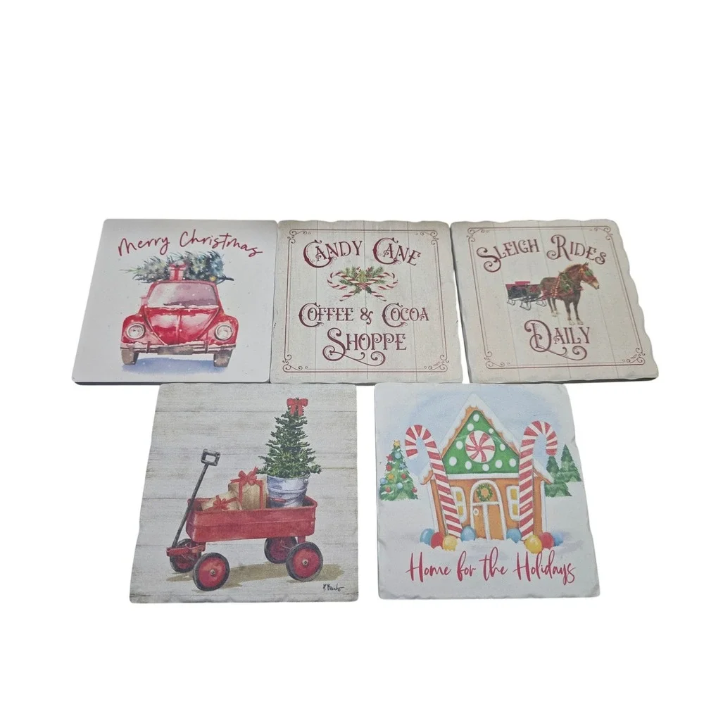 Christmas Tree Shops Stone Coaster Set of 5 Holiday Gingerbread Wagon Sleigh 4in