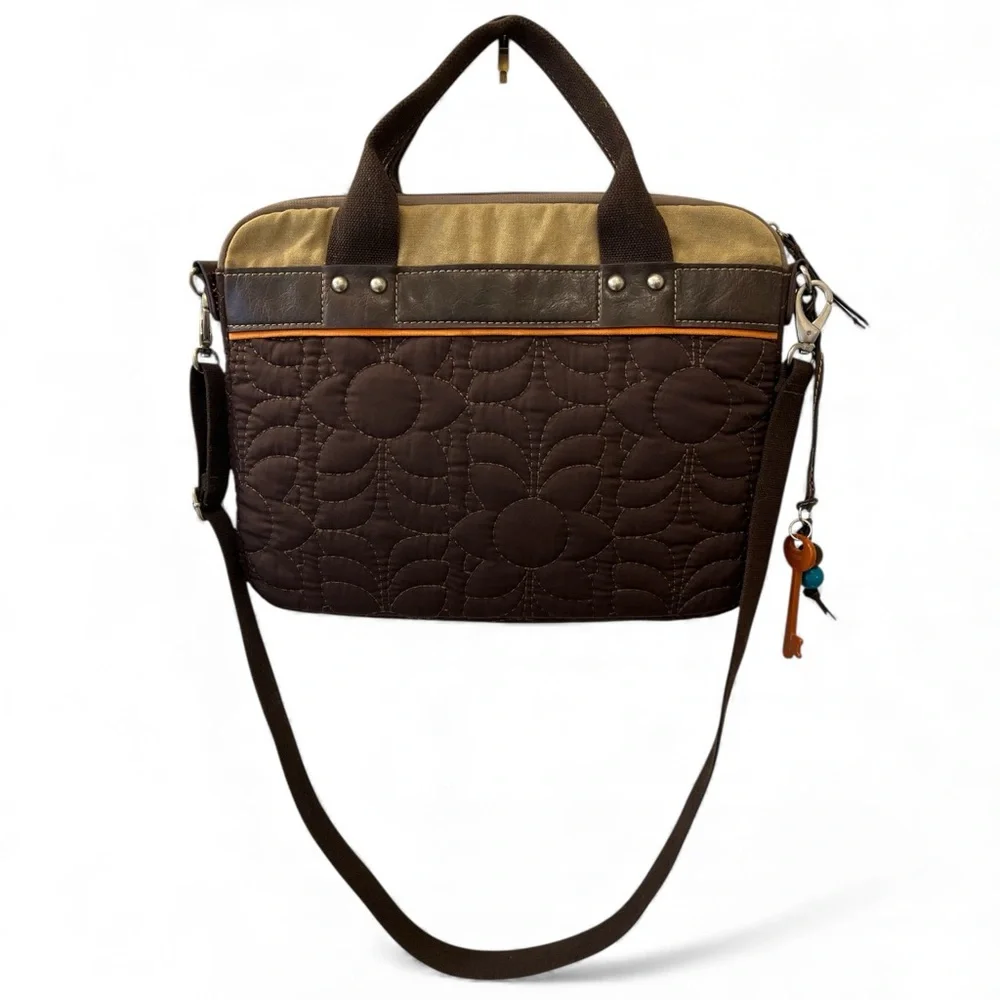 Fossil Laptop Tote Quilted Brown Work Bag Leather Trim