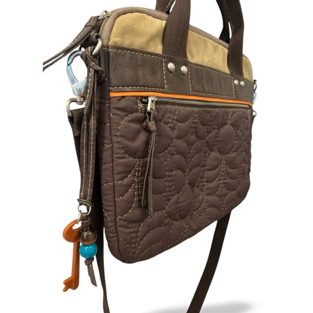 Fossil Laptop Tote Quilted Brown Work Bag Leather Trim