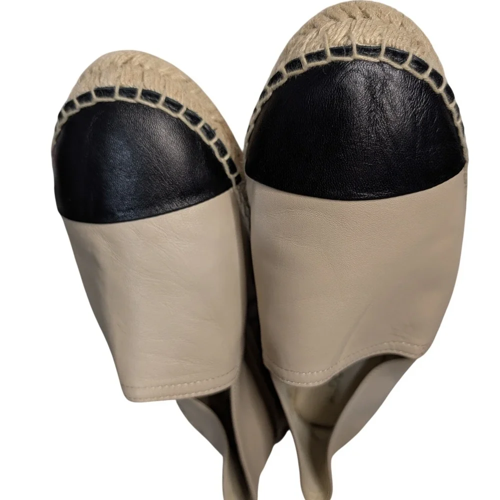 Aldo Womens Beige Leather Cap Toe Espadrille Flats Black Contrast Slip On Size 9