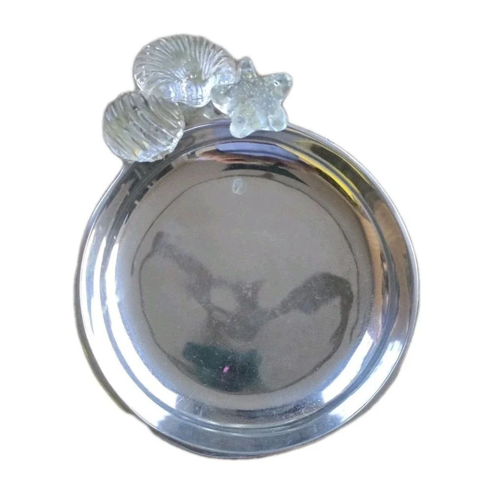 Vintage Silver Pewter Serving Tray Decorative Coadtal Glass Shell & Starfish