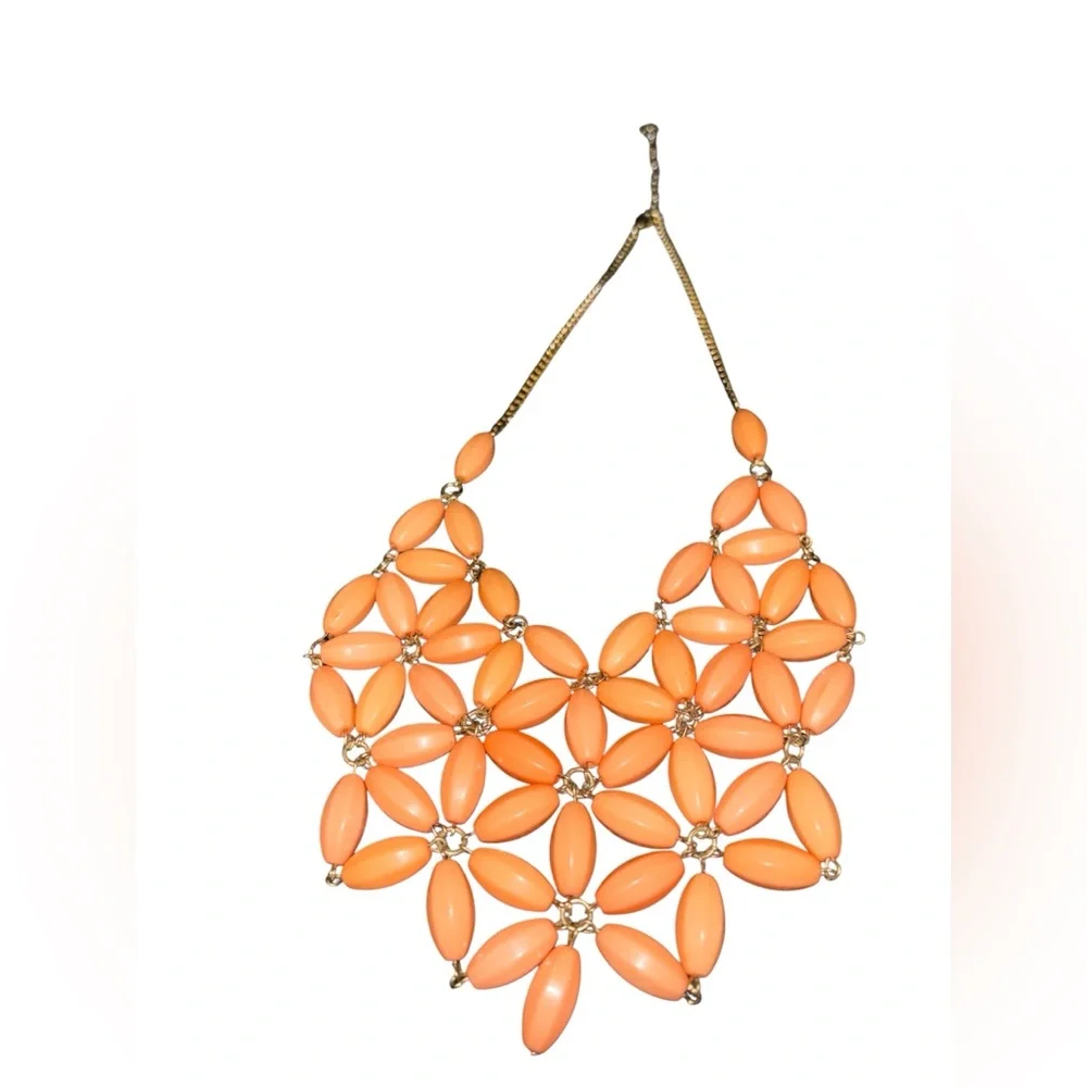 J. Crew Necklace, Orange-Pink Acrylic Bead Necklace, Gold Tone Chain