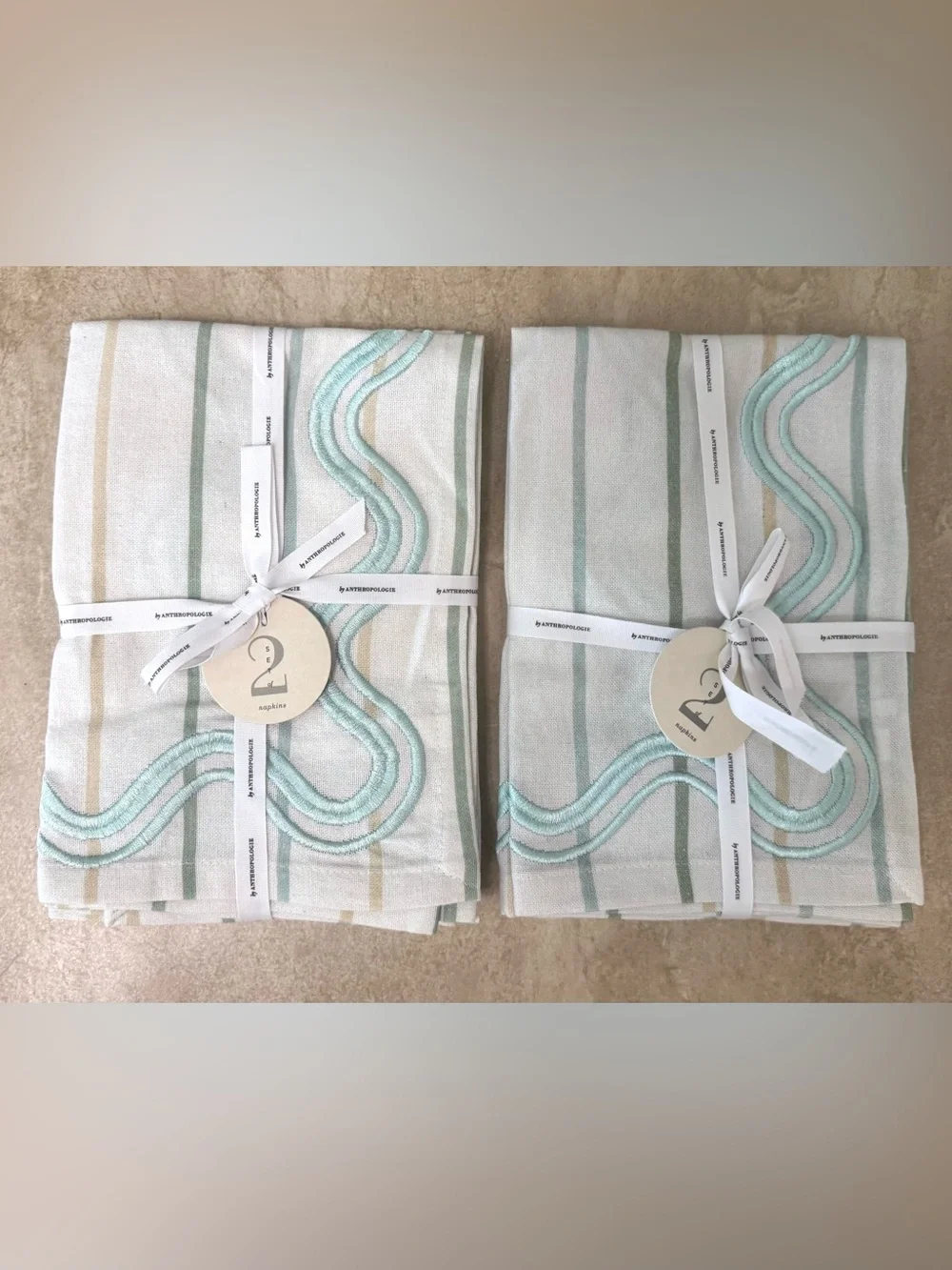 Anthropologie Striped Embroidered Napkins