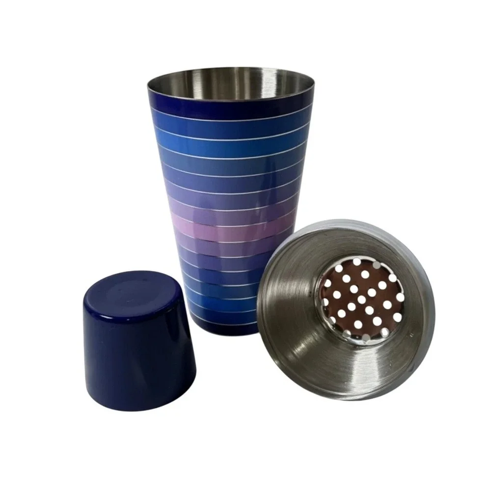 Jonathan Adler Blue Purple Striped Stainless Steel Cocktail Shaker 3-Piece Set
