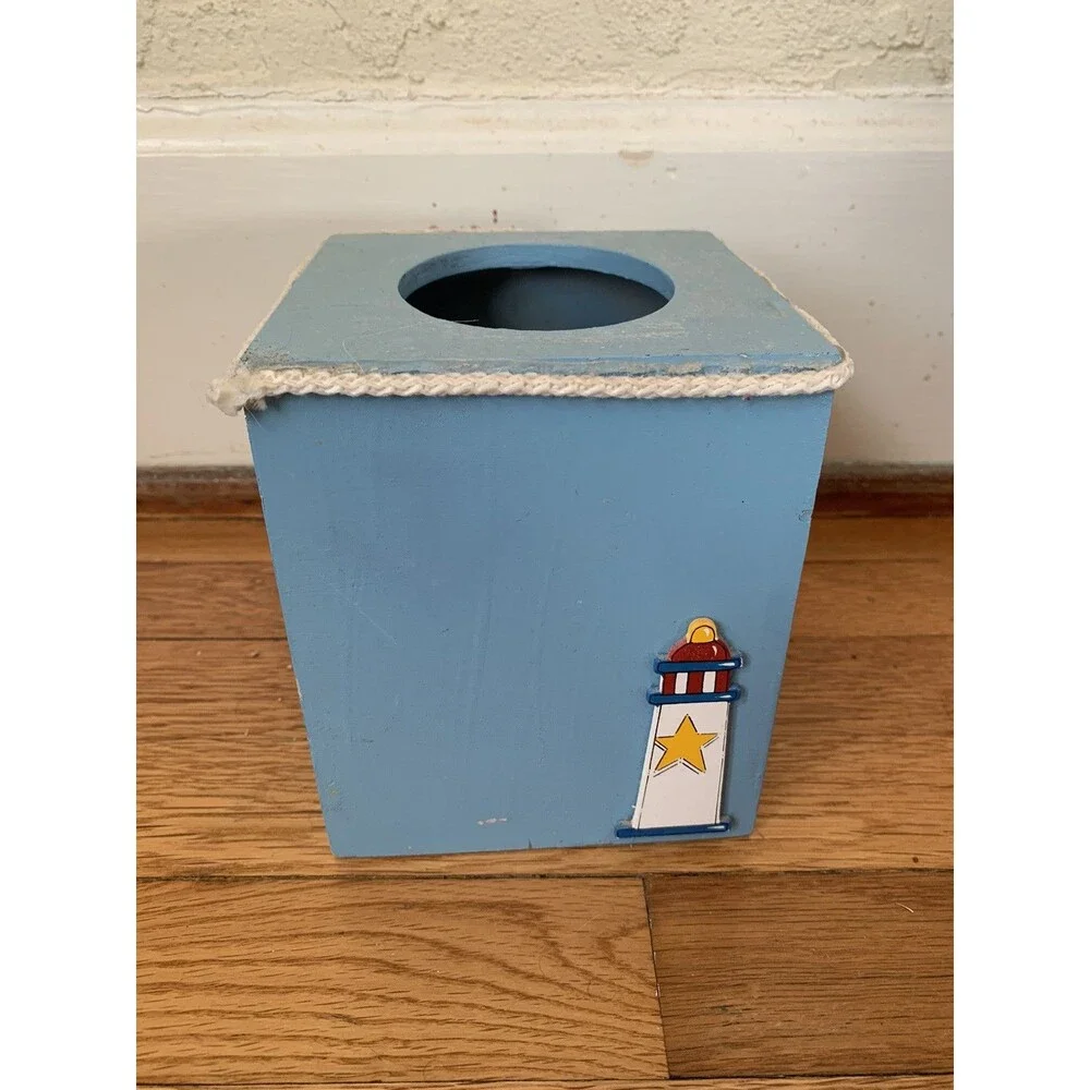 Wooden 3D Tissue Box Ocean Beach Theme Dog Lighthouse 5.5” Cute