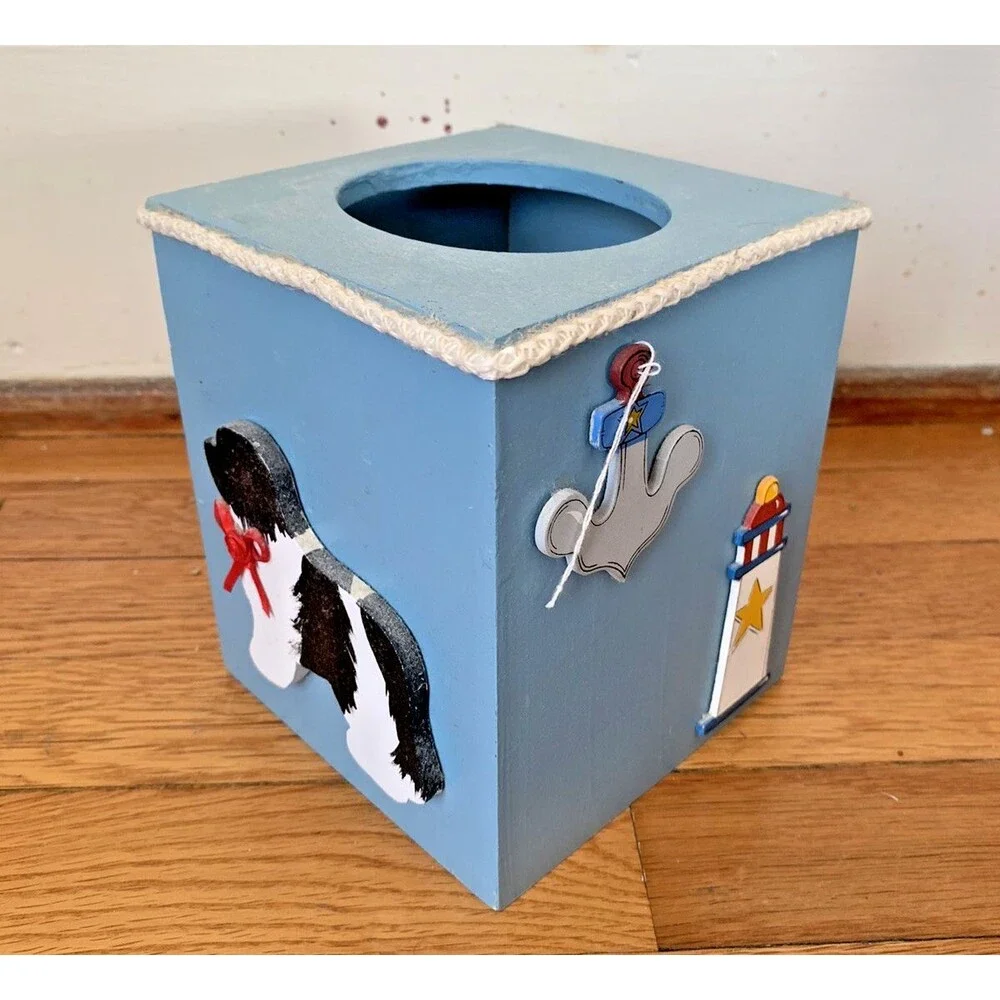 Wooden 3D Tissue Box Ocean Beach Theme Dog Lighthouse 5.5” Cute