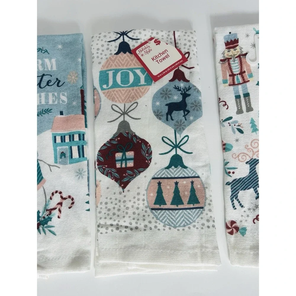 LOT of 3 Blue Whimsical Christmas Holiday Tea Hand Towels Nutcracker Snowman‎