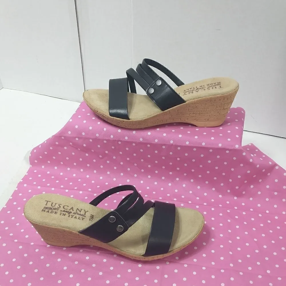 Tuscany By Easy Street Womens Allegro Black Wedge Sandals Size 7.5M
