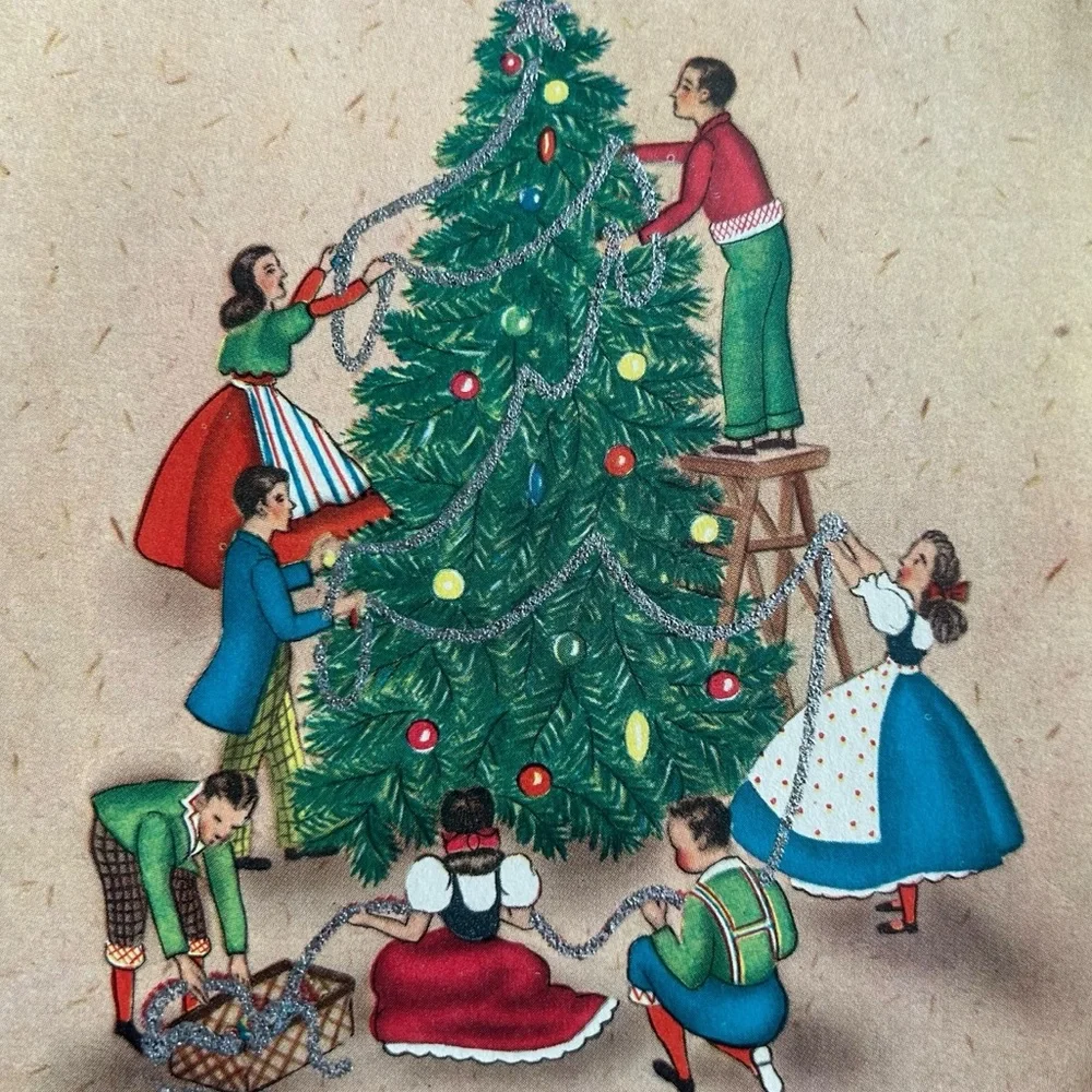 Vintage 40s 50s Rynart Christmas Card Family Decorating Tree w/ Tinsel Retro Art