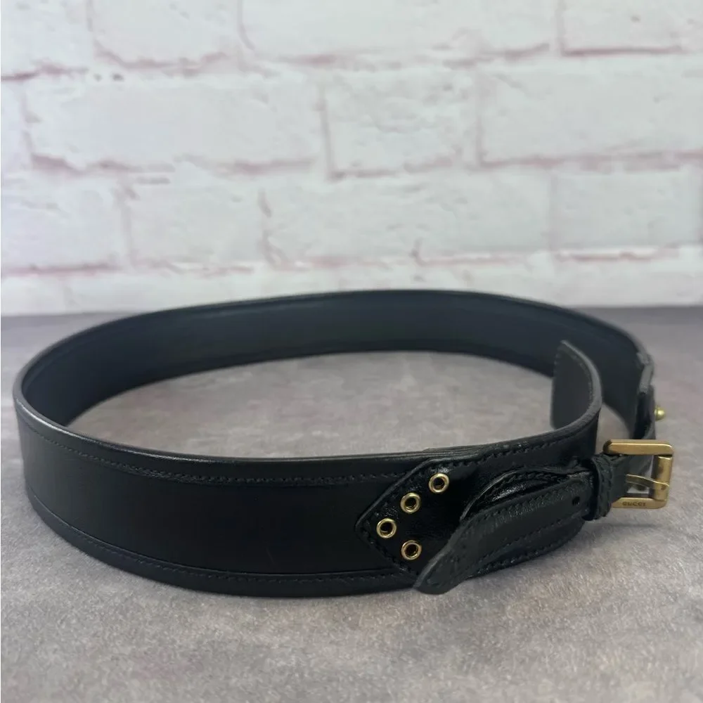 Vintage Gucci Grommet Black Leather Wide Belt 144195 85/34”