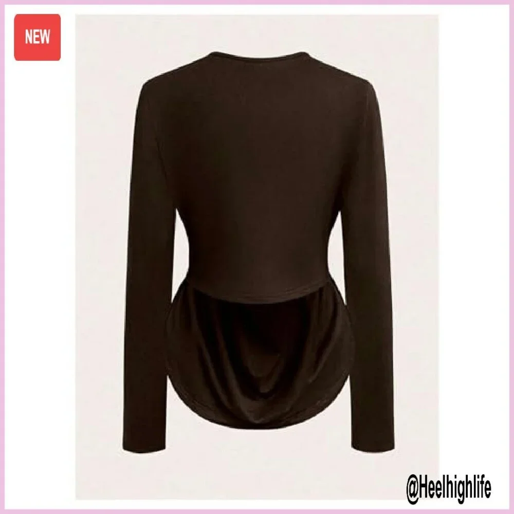 Plus Size Ruched Cowl Neck Long Sleeve Asymmetrical Party Top