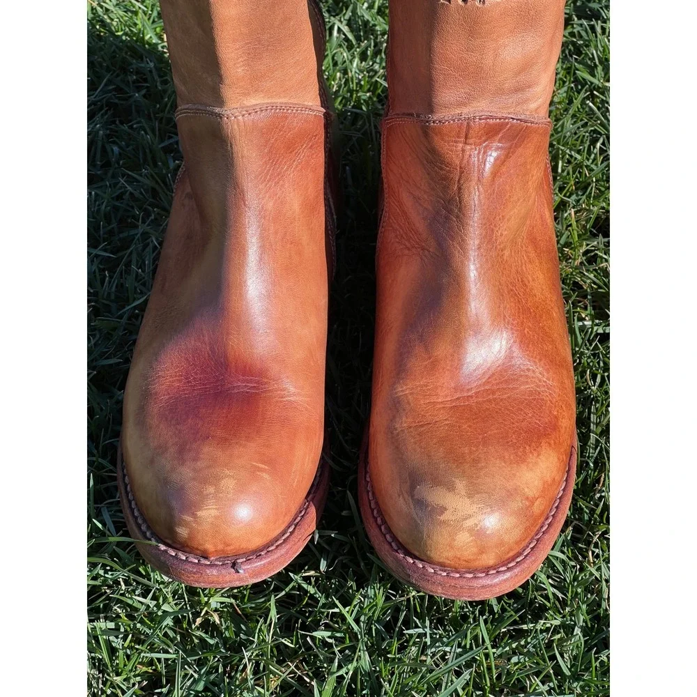 BED STU Tan Leather Knee High Boots Sz 7 Cutout‎ Laced Side Goodyear Welt Women