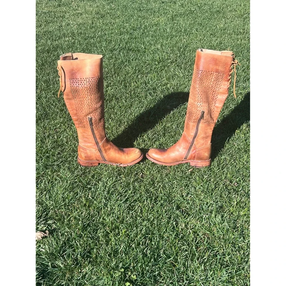 BED STU Tan Leather Knee High Boots Sz 7 Cutout‎ Laced Side Goodyear Welt Women