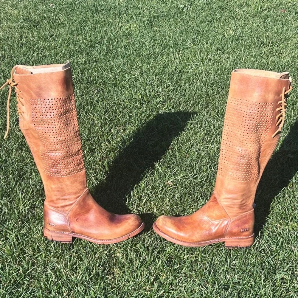 BED STU Tan Leather Knee High Boots Sz 7 Cutout‎ Laced Side Goodyear Welt Women