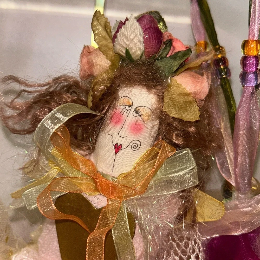 NWOT vintage fabric fairy doll on ribboned acrylic swing