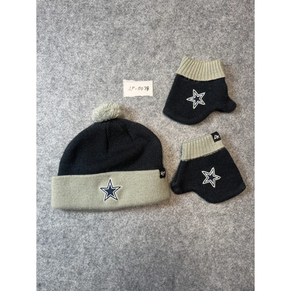 '47 Unisex Black Dallas Cowboys NFL Bam Bam Cuffed Pom Beanie Hat Mittens Set