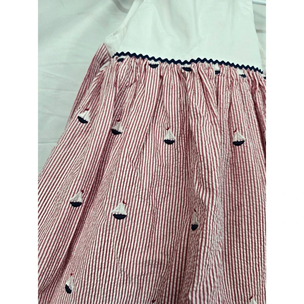 Glorimont Girls Red White Seersucker Sailboat Dress Navy Ric Rac Size 4 USA Made