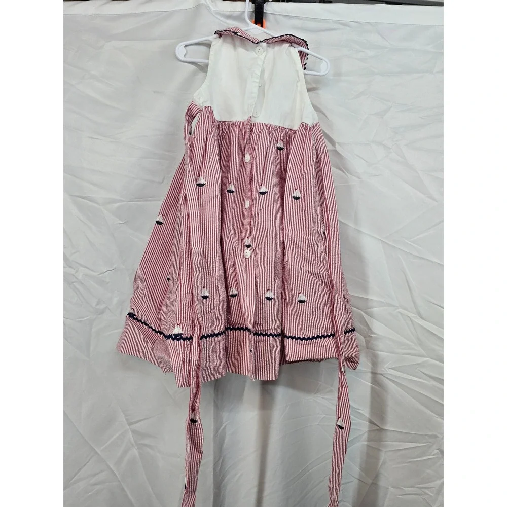 Glorimont Girls Red White Seersucker Sailboat Dress Navy Ric Rac Size 4 USA Made