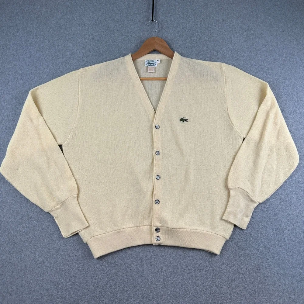 Izod Lacoste Cardigan Mens L Cream Vintage Acrylic V-Neck Sweater Logo USA Made