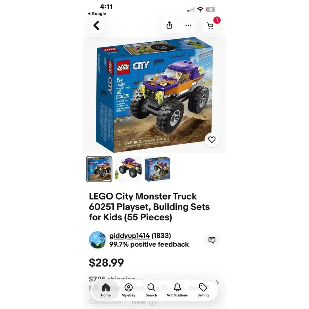 LEGO City‎ Monster Truck 60251 Playset Building Toy 55 Pieces Kids Age 5
