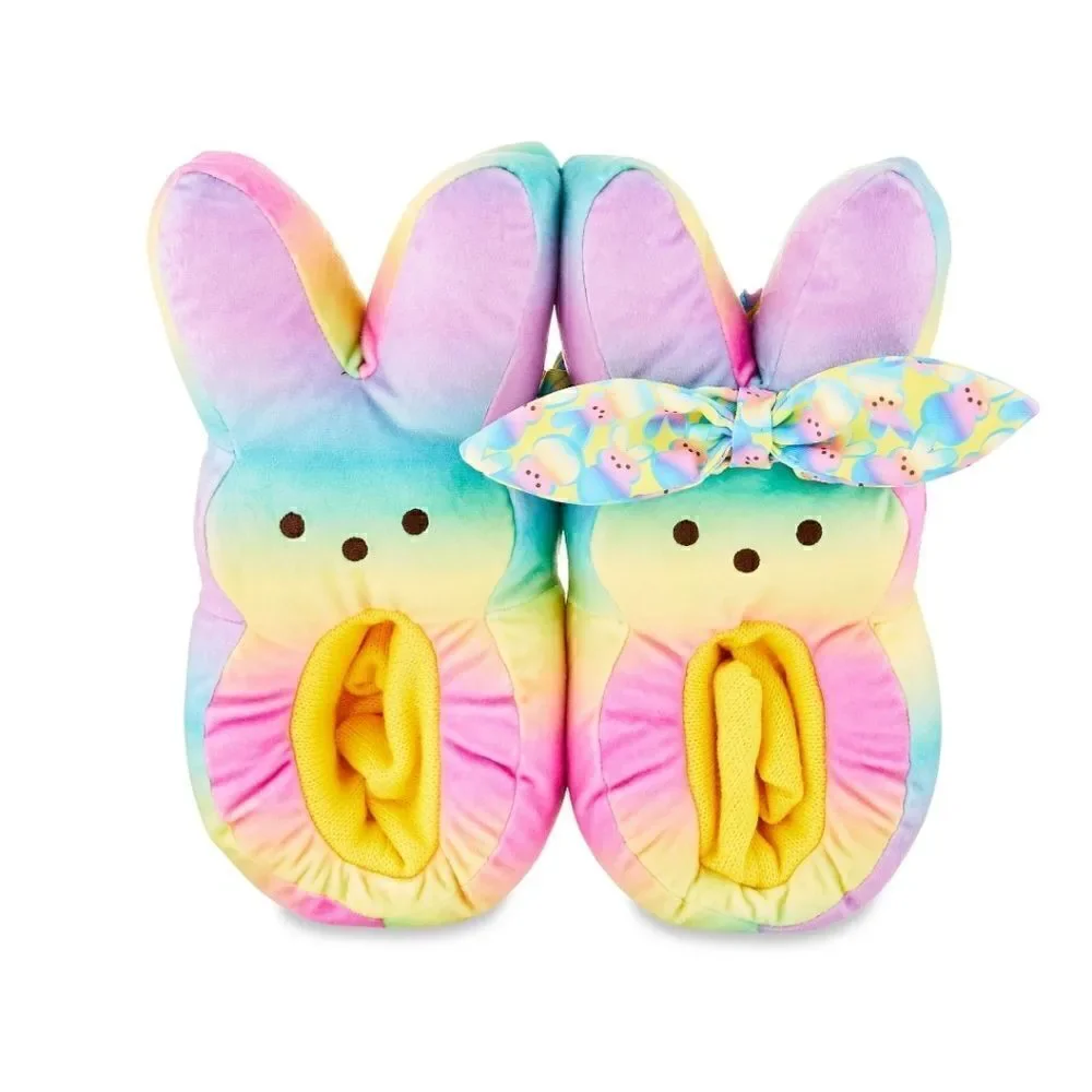 New Kids Easter Peeps Plush Bunny Rainbow Slippers, Size M 13-1
