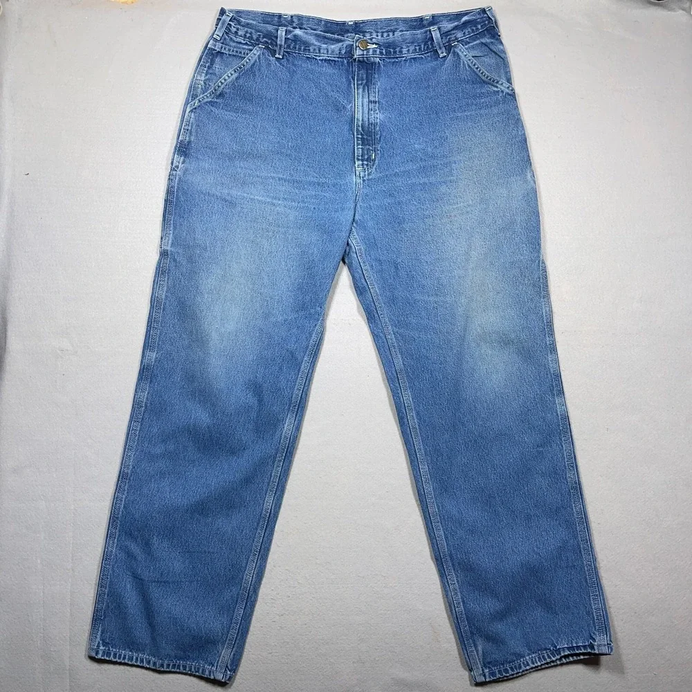 Carhartt Dungaree Jeans Men 42x34 Original Fit Blue Denim Carpenter Workwear