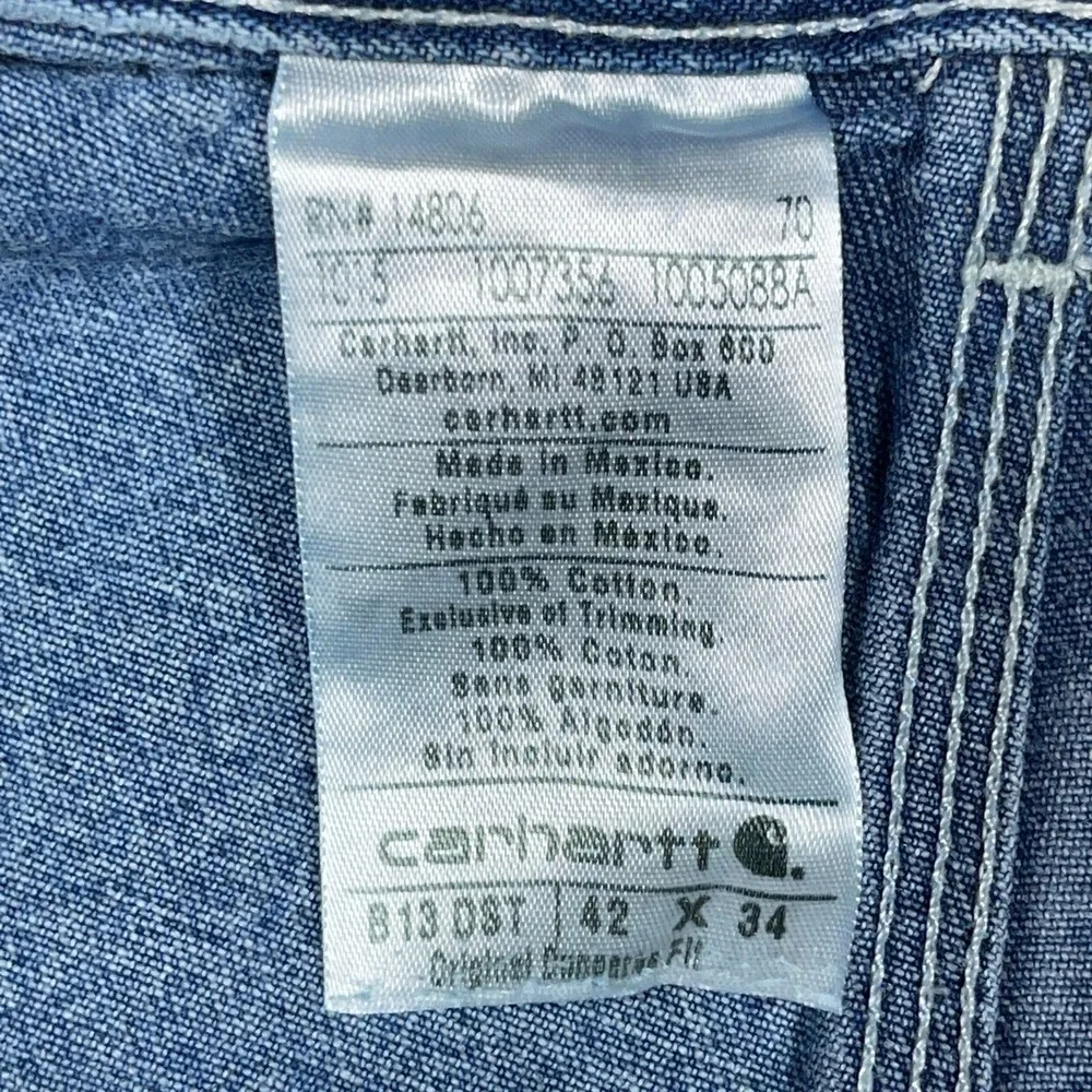 Carhartt Dungaree Jeans Men 42x34 Original Fit Blue Denim Carpenter Workwear