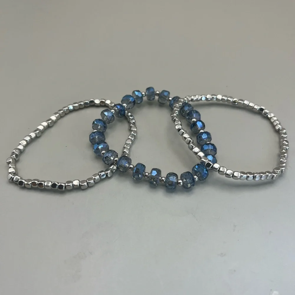 Elegant Silver and Blue Beaded Bracelet Set