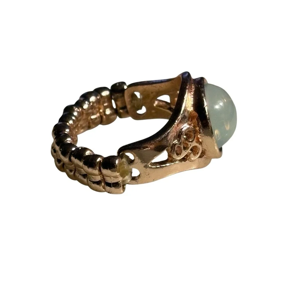 Vintage Ring Faux Opal Gold Tone Adjustable‎ Stretch Round Open Work Textured