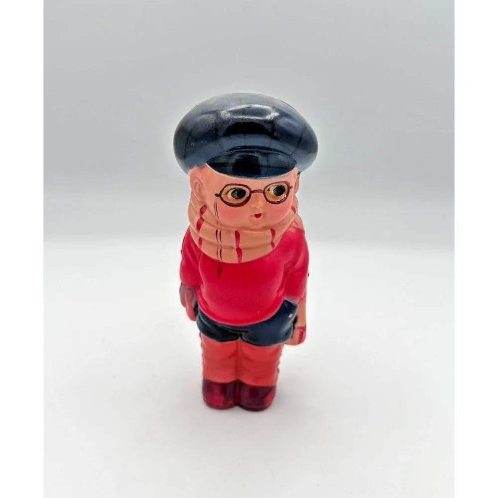 Vintage Rubber Squeeze Toy Boy w Glasses Hat Figure 5