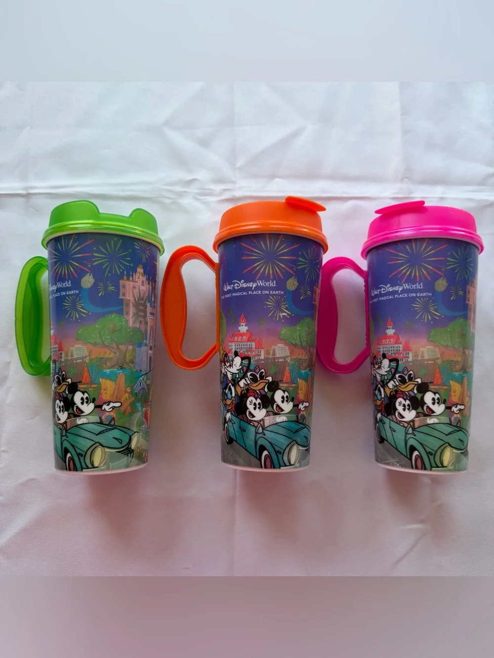 Lot of 3 Walt Disney World Travel Tumbler Green, Orange, Pink Lids 2025