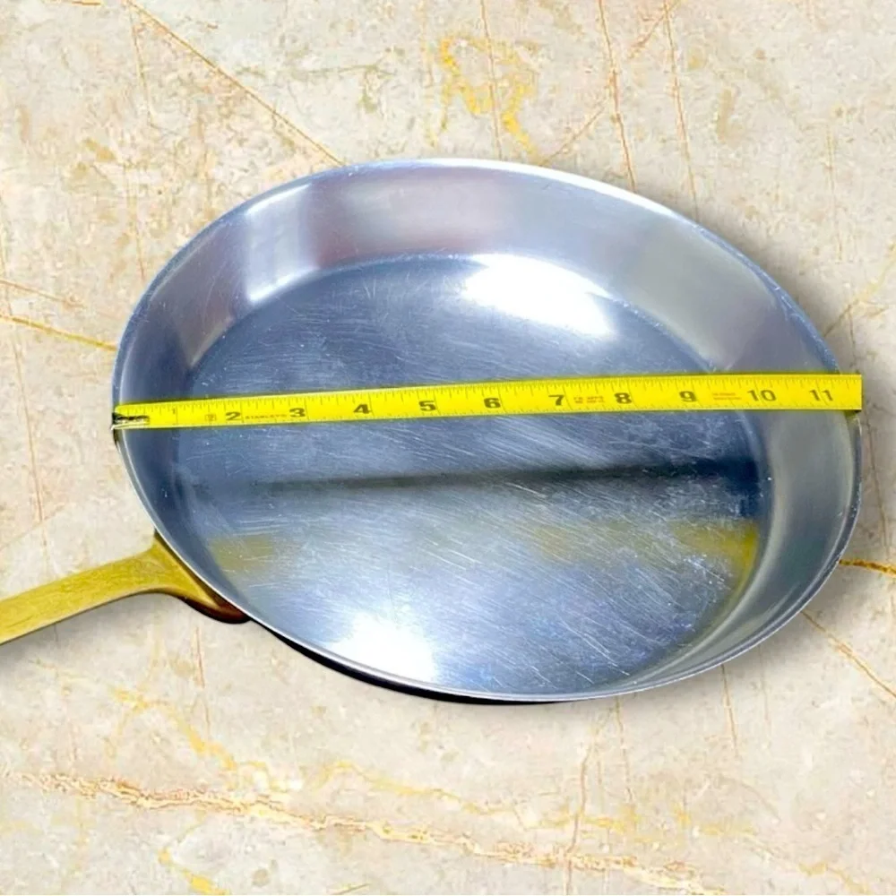 VTG Frying Pan 11” Stainless Steel Brass Handle Heavy - Great!